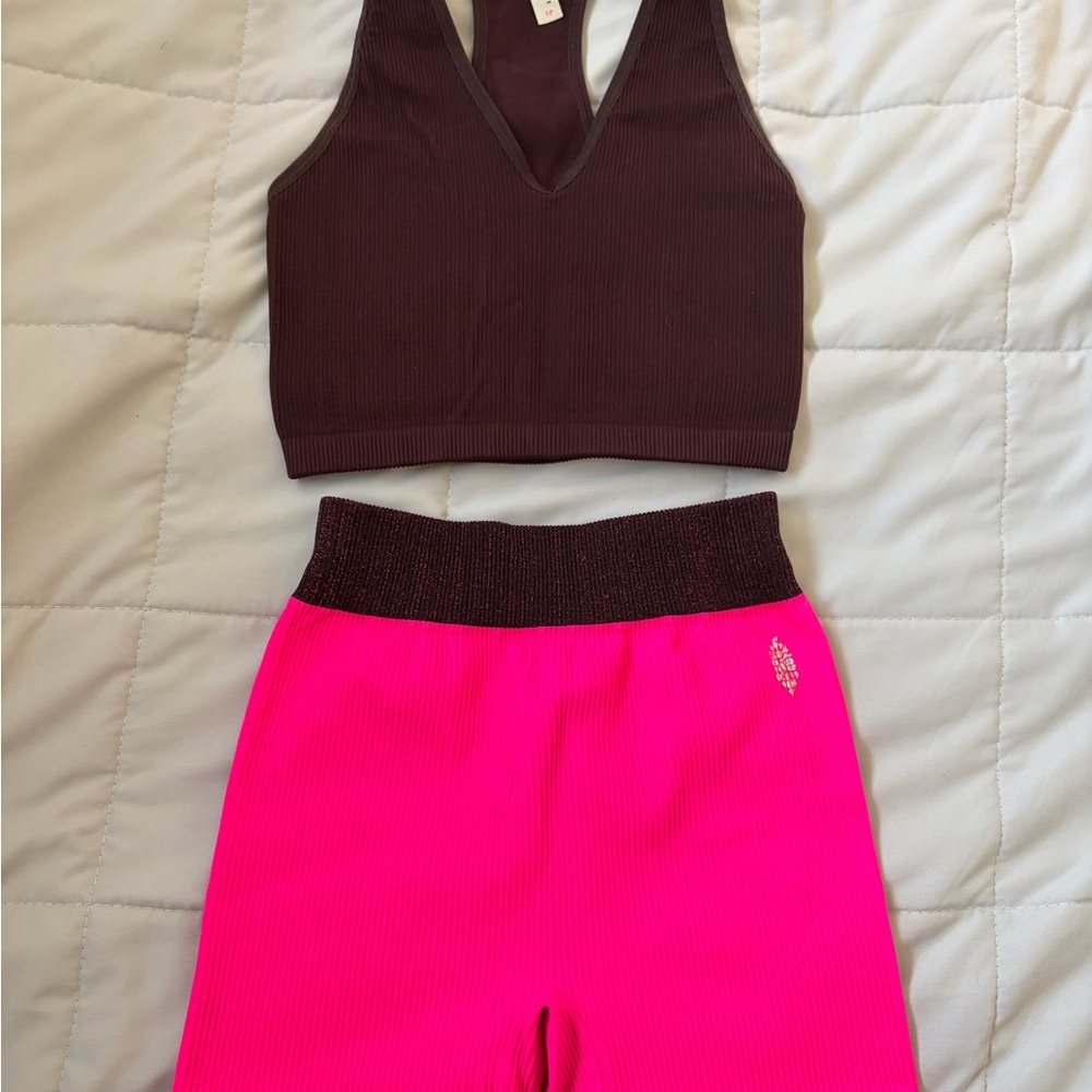 Free People Hot Pink and Maroon Bike Shorts Set